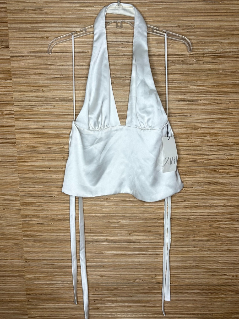 Zara Satin-Effect Tied Halter Top NWT Oyster White Sz M